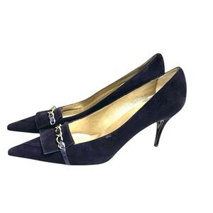 Claudia Ciuti Navy Suede Point Toe Pumps Chain Detail SZ 9.5